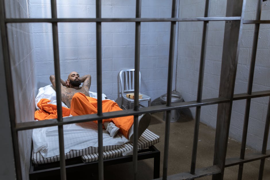 A tattooed inmate in an orange uniform lies on a bed inside a prison cell.